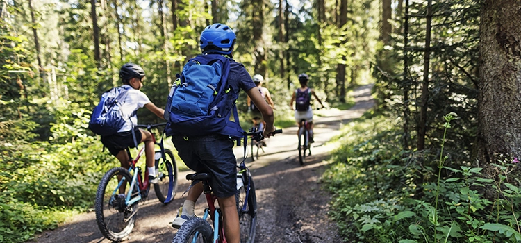 Group of cyclists riding along a wooded trail with sunlight filtering through trees.