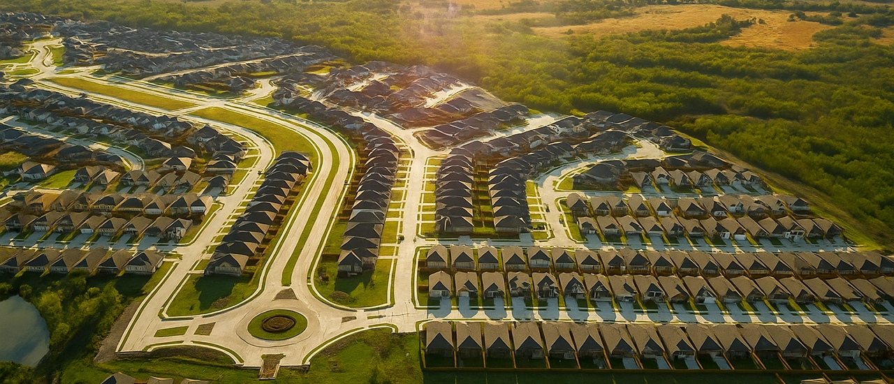 Aerial view of a large residential community surrounded by open green spaces.