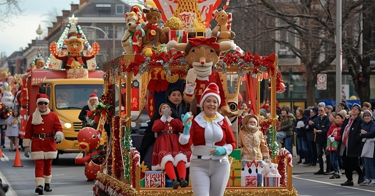 Colorful holiday parade float with performers in Christmas costumes walking past crowds on a city street.