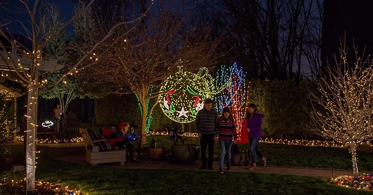 People walking through a garden at night decorated with glowing holiday string lights and a large lit ornament display.