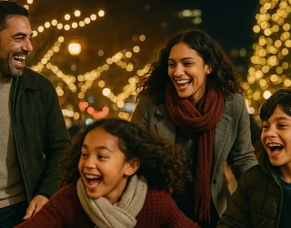 Family Holidays | Wildcat Ranch Texas Smiling parents and children walking together at night with holiday lights and a Christmas tree behind them