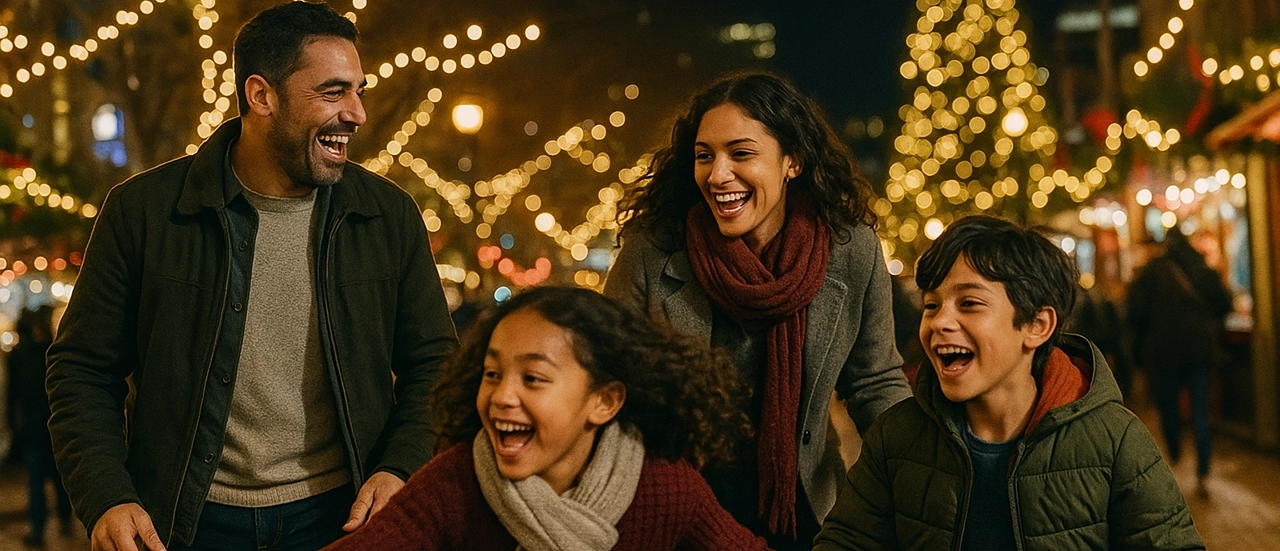 Smiling parents and children walking together at night with holiday lights and a Christmas tree behind them