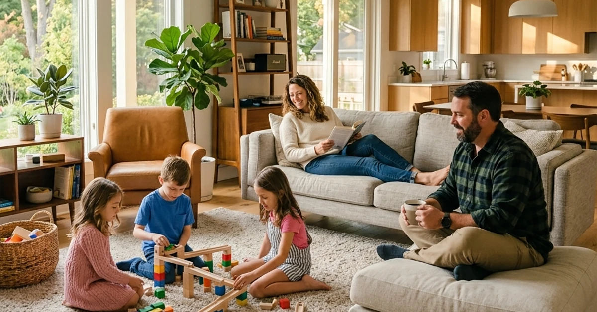 Family in living room with kids playing and adults relaxing.