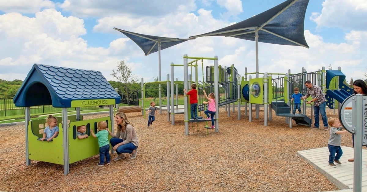 Children playing on playground equipment in a park.