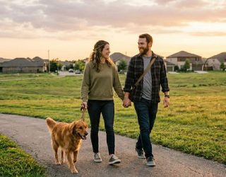 Couple walking dog on path at sunset in neighborhood.