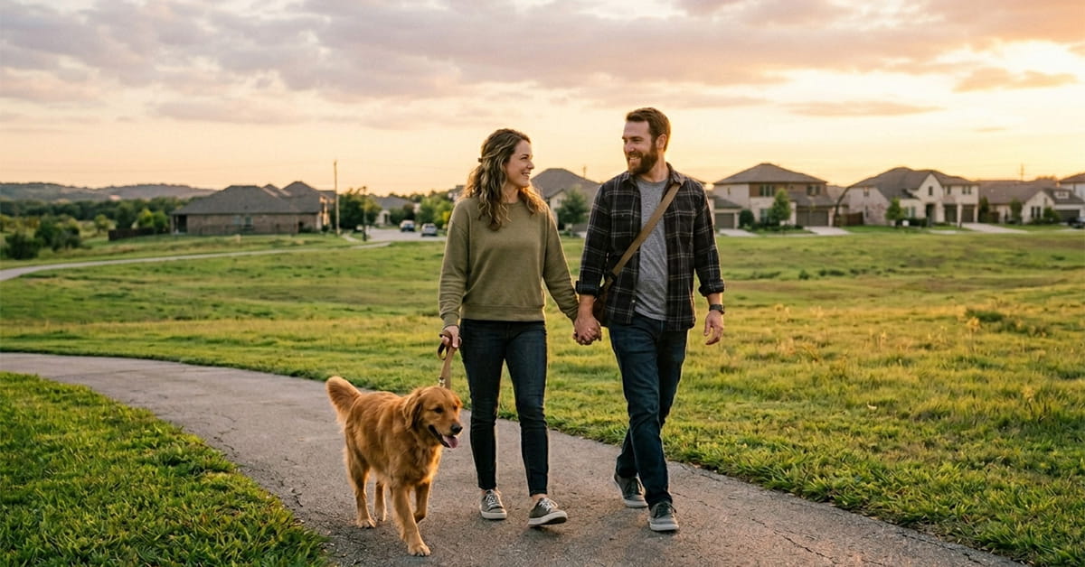 Couple walking dog on path at sunset in neighborhood.